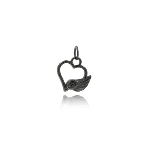 Gunmetal heart wing pendant with matte finish and hollow design for DIY jewelry