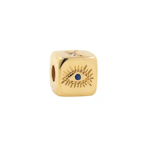 24K gold plated square evil eye spacer bead with blue zircon for DIY jewelry making