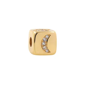 24K gold plated square spacer bead featuring a cubic moon pattern with inlaid zircons