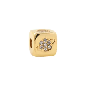 24K gold plated square beads with cubic zirconia planet and Hand of Fatima designs