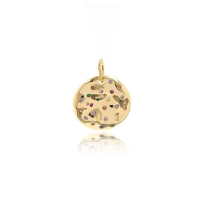 Round hammered gold pendant featuring colorful inlaid zircons for DIY jewelry making