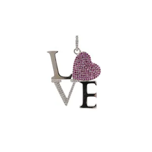Macro detail of LOVE pendant with pink heart-shaped gemstone and crystal inlays