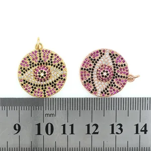 Gold plated evil eye charms with cubic zirconia and size ruler reference for jewelry DIY