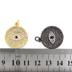 20mm 18k gold and gunmetal evil eye pendants with pavé zircon stones and textured metal finish