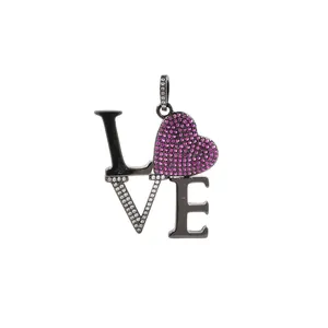 Black 24K gold plated LOVE pendant with pink heart and white crystal stones