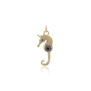 24K Vergoldeter Kupfer Seepferdchen Anhänger Zirkonia Pavé Meerestier Charm Für DIY Schmuckherstellung Halskette Armband Damen