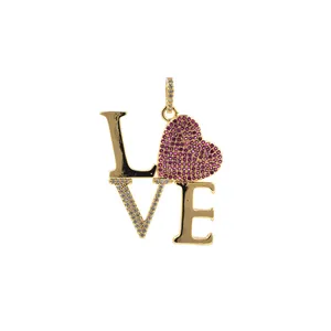 Detailed close-up of 24K gold plated LOVE heart pendant with purple zircon pavé setting