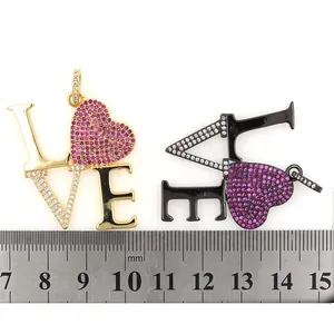 Two 24K gold plated LOVE heart pendants with sparkling zircons for DIY jewelry making