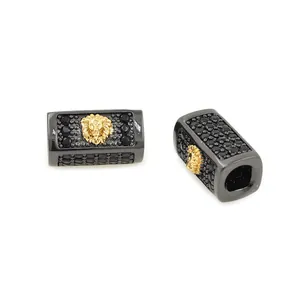 Black micro-paved tube beads with 18K gold-plated lion head for DIY jewelry making