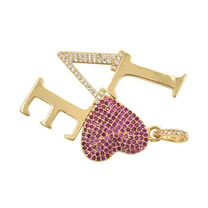 24K gold plated LOVE heart pendant with inlaid crystals for DIY necklaces and jewelry