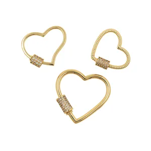 24K gold plated heart carabiner clasp set with cubic zirconia for DIY jewelry making