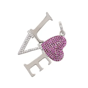 24K gold plated LOVE pendant with heart-shaped magenta stone and white zircon pave setting