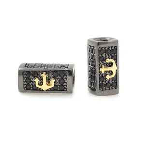 Micro-paved gunmetal tube beads with golden anchor design for DIY jewelry making