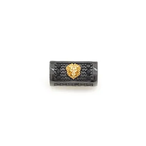 Macro shot of 18K gold plated lion head barrel bead with black micro-inlay for DIY jewelry