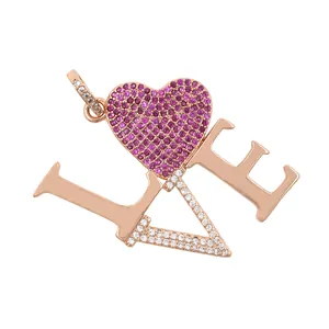 24K gold plated LOVE pendant with pink heart gemstone and white diamond micro-pave setting