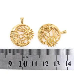 18K gold plated copper sun and moon pendants with micro-pave crystals and size scale