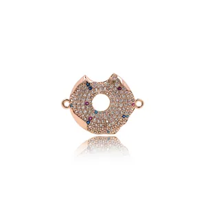 18K gold plated donut pendant charm with white diamonds and colorful inlaid gemstones