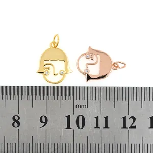 Copper 18k gold plated girl face pendant with micro-inlaid stones for DIY jewelry