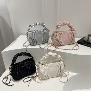 Women Ruched Cloud Bag Fashion PU Leather Pleated Shoulder Crossbody Bag With Gold Chain Strap For Daily Party