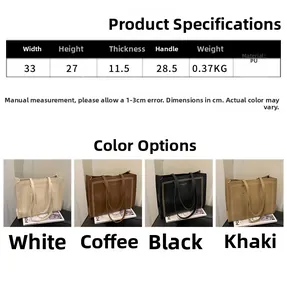 Especificaciones de tamaño y opciones de color para este bolso tote de cuero de PU