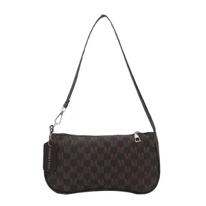 Retro brown baguette shoulder bag with monogram pattern and fashion leather tag