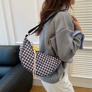 Women Plaid Crescent Crossbody Bag Nylon Star Pattern Gingham Hobo Shoulder Bag For Travel Casual Daily Fashion Purse
