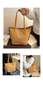 Détail du sac cabas jaune avec motif géométrique en Y et finitions en cuir marron
