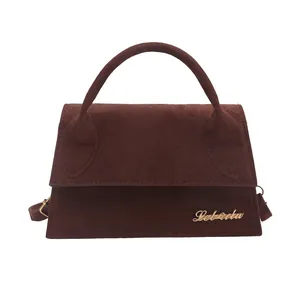 Structured dark brown suede small square handbag with golden logo and top handle