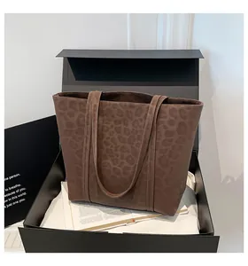 Close-up of leopard print tote bag on gift box with professional studio lighting
