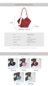 Detaillierte Größentabelle für Tweed-Tragetaschen mit Maßen und fünf Farboptionen
