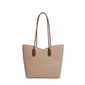 Large capacity beige faux leather tote bag with V-cut edge and brown shoulder straps