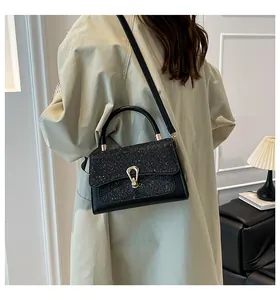 Detail of glitter crossbody bag with gold horseshoe buckle on light green coat