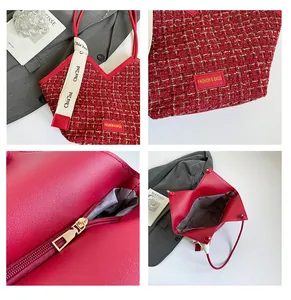 Detailansicht der roten Tweed-Tasche mit goldenem Metallic-Gewebe und Ledergriff
