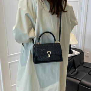 Women's Elegant PU Leather Handbag With Sequin Flap Gold Horseshoe Lock Small Square Shoulder Crossbody Bag High-End Fashion Purse