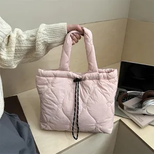 Women Fashion Quilted Heart Embroidery Nylon Tote Bag Casual Drawstring Shoulder Bucket Bag Lightweight Padded Handbag