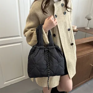 Quilted heart embroidery black tote bag with drawstring closure for casual fashion