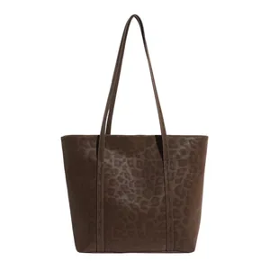 Vintage brown leopard print tote bag with embossed PU leather and long shoulder straps