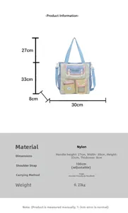 Detail showing multi-pocket nylon bag dimensions with functional compartments and embroidery