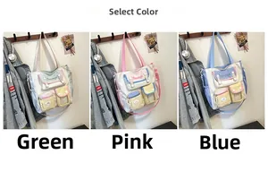 Three colors of multi-pocket canvas tote bags shown side-by-side in green, pink and blue