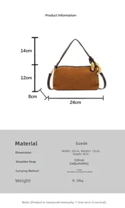 Detailed dimensions of the retro suede Boston bag with adjustable strap and handle