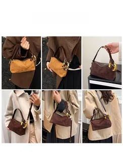 Collage of model wearing large suede tote bags in dark brown and mustard yellow