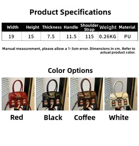 Size chart showing PU leather house-shaped handbag dimensions and four color options