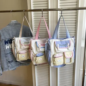 Multi-pocket Nylon Tote Bag Color Block Crossbody Shoulder Handbag Korean Style Casual School For Women Girls
