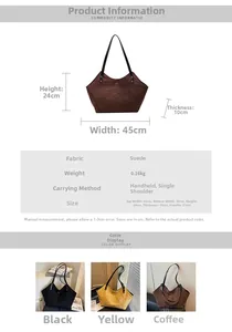 Size chart showing large faux suede tote dimensions 45x24x10cm and color options