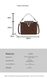 Guide des tailles détaillé pour sac à main léopard marron avec logo V et mesures