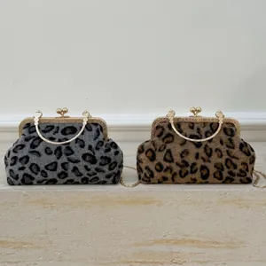 Borsa In Peluche Con Stampa Leopardata Manico In Metallo Vintage Borsa A Tracolla Pelliccia Sintetica Sera Elegante
