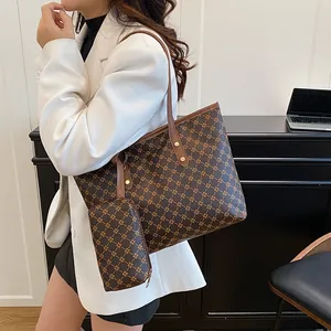 Borsa Tote in Pelle PU di Grande Capacità con Monogramma Geometrico e Pochette Coordinata Vintage Urban Semplice Pendolare Donna