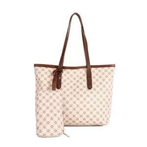 Set borsa tote minimalista crema con motivo geometrico marrone e tracolle