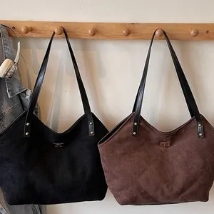 Large capacity quilted suede tote bags in black and dark brown with metal twist locks