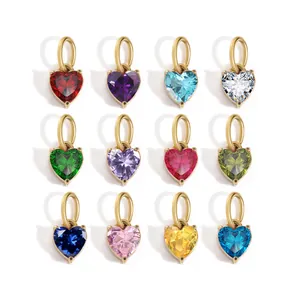 Set of 12 heart-shaped colorful zircon pendants with gold-plated rings for jewelry making